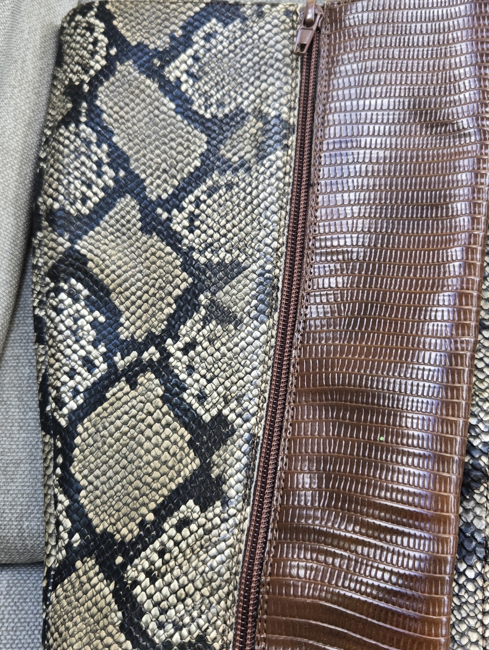 Shoe Dazzle Kioni Brown Snakeskin-Print Knee Boots with Gold Zip - Picture 2 of 16